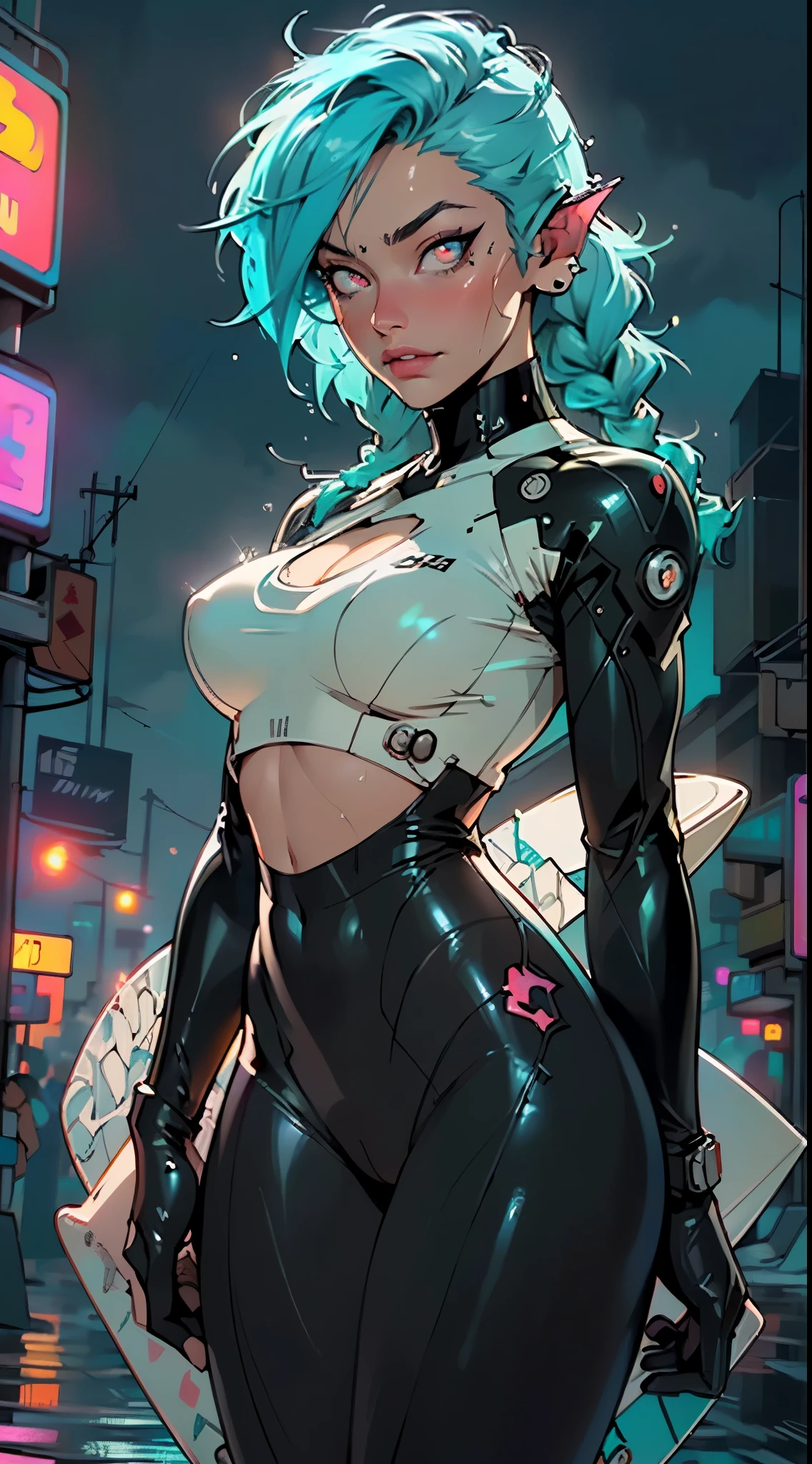 sporty girl,(((1girl))),((girl with surfboard)),
(large breasts:1.4),saggy breasts,(((ear fins:1.5))),(glowing eyes),(((green_eyes:1.2))),(((black sclera:1.5))),symmetrical eyes,((fat)),(((lustrous skin:1.5,bright skin: 1.5,skin tanned,shiny skin,very shiny skin,shiny body,plastic glitter skin,exaggerated shiny skin,illuminated skin, wet legs))),(spider lower abdomen,narrow waist,wide hip,athletic body,inflated legs, thick thighs,detailed body,(detailed face)),((Surfer hairstyle, Persian blue hair,blue hair,long braids on the hair,turquoise highlights hair)), dark brown skin,
cute,slutty,seductive,erotic,((nsfw)),
((blue surfer suit)),((surfboard:1.5)),(cleavage),((Surf Uniforms)),((wet clothes,intricate outfit,intricate clothes)),
(dynamic pose:1.0),embarrassed,(centered,scale to fit dimensions,Rule of thirds),
((cyberpunk city by the ocean at night, with bright neon signs and dark stormy clouds and puddles, scenery:1.25)),
artistic photography,(photography taken by sldr),highres, sharp focus,(ultra detailed, extremely detailed), (photorealistic artwork:1.37),(extremely detailed CG unity 8k wallpaper),((synthwave background theme)),(((vibrant colors))),intricate,(intricate background),(masterpiece),(best quality),perfect rendered face,perfect face details,realistic face,photo realistic,analog style,((intricate detail)),(((realism))),