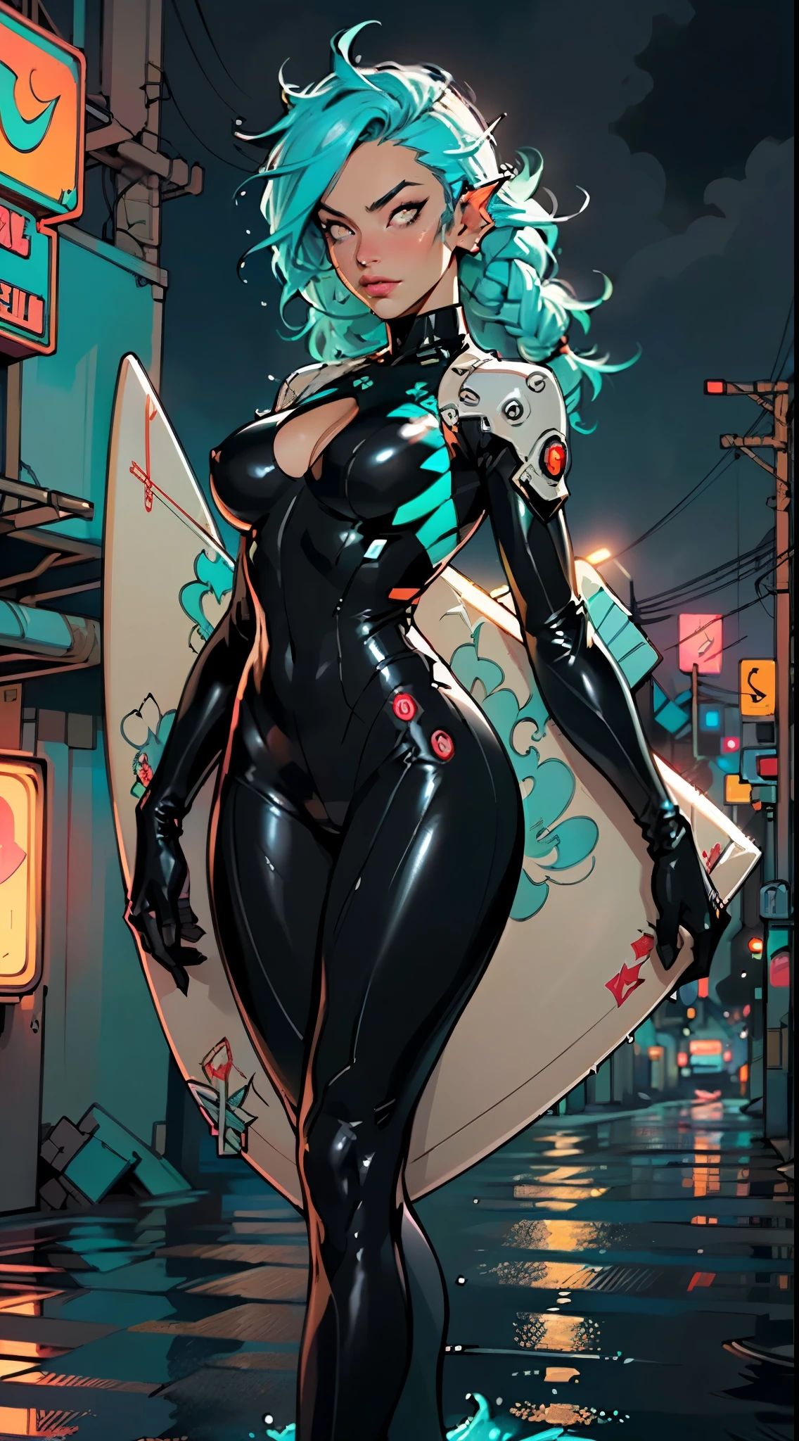 sporty girl,(((1girl))),((girl with surfboard)),
(large breasts:1.4),saggy breasts,(((ear fins:1.5))),(glowing eyes),(((green_eyes:1.2))),(((black sclera:1.5))),symmetrical eyes,((fat)),(((lustrous skin:1.5,bright skin: 1.5,skin tanned,shiny skin,very shiny skin,shiny body,plastic glitter skin,exaggerated shiny skin,illuminated skin, wet legs))),(spider lower abdomen,narrow waist,wide hip,athletic body,inflated legs, thick thighs,detailed body,(detailed face)),((Surfer hairstyle, Persian blue hair,blue hair,long braids on the hair,turquoise highlights hair)), dark brown skin,
cute,slutty,seductive,erotic,((nsfw)),
((blue surfer suit)),((surfboard:1.5)),(cleavage),((Surf Uniforms)),((wet clothes,intricate outfit,intricate clothes)),
(dynamic pose:1.0),embarrassed,(centered,scale to fit dimensions,Rule of thirds),
((cyberpunk city by the ocean at night, with bright neon signs and dark stormy clouds and puddles, scenery:1.25)),
artistic photography,(photography taken by sldr),highres, sharp focus,(ultra detailed, extremely detailed), (photorealistic artwork:1.37),(extremely detailed CG unity 8k wallpaper),((synthwave background theme)),(((vibrant colors))),intricate,(intricate background),(masterpiece),(best quality),perfect rendered face,perfect face details,realistic face,photo realistic,analog style,((intricate detail)),(((realism))),