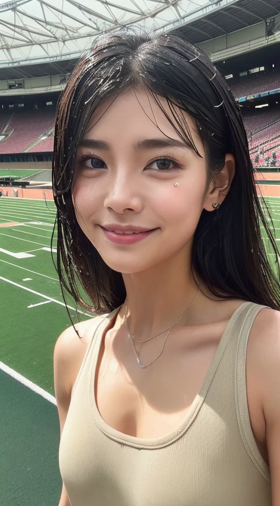 1人の女性、8k、RAW Photography、(top-quality、masterpiece、intricate detailes: 1.4)、(realisitic、フォトreallistic: 1.3)、(reallistic: 1.3)、フォトreallistic、 Female track and field athletes in Japan、((rainy days))、((Woman on track in stadium:1.8))、(Beauty like an actress in Japan)、(Heavy rain)、((Tank top for a sheer track and field team))、(Tank top of the track and field team in light color)、(Tank top of the track and field team that gets wet from the rain and shows through the skin)、Track and field team tank top that sticks to the skin wet from the rain、Wet colored bloomers、(wetting hair)、(Wet bangs)、wetted skin、(nipple protrusions that can be seen through)、(Detailed nipples) 、30-years old、(Small face:1.5)、(tense look)、Light makeup、Thin eyebrows、 detailed and beautiful faces、A detailed eye、(Tear bag:1.5)、detailed finger、detailed legs、Detailed skin、medium chest、Lustrous hair、Lustrous skin、Wet and drippy hair、Wet and drippy skin、Tank top of the track and field team with wet and dripping water、Beautiful thighs、Well-formed mouth、No mask、a smile