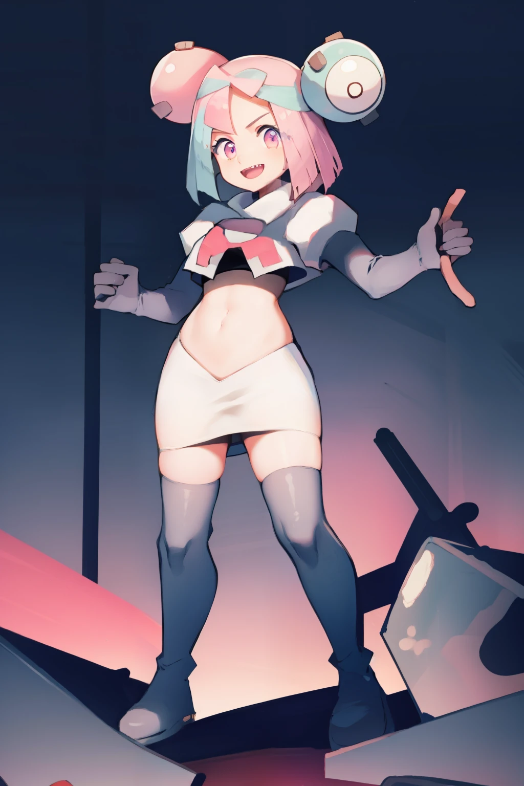 iono,1 girl,pink eyes,solo,smile,open mouth,fangs ,team rocket,team rocket uniform,white skirt,red letter R,crop top,black thigh-highs,black elbow gloves,
