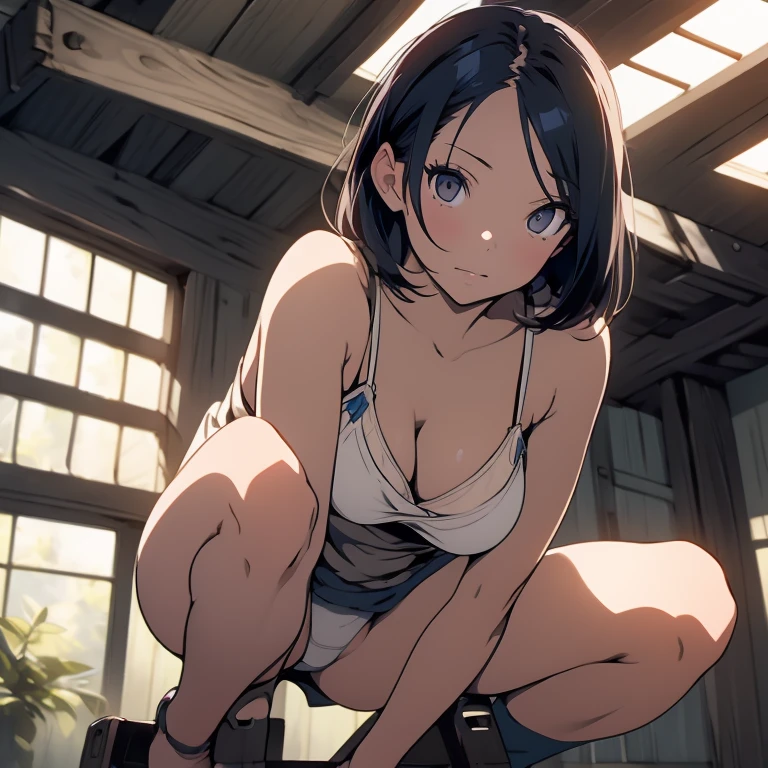 (masutepiece, Best Quality), medium shot, 1girl in , Indoors, Beautiful, Gorgeous ,large full breasts, cleveage, Expressive eyes, Perfect face, hand on the breasts,  masturbation from below,  White panties, Short black hair, Blue detailed eyes, Squatting,Open legs,Completely naked