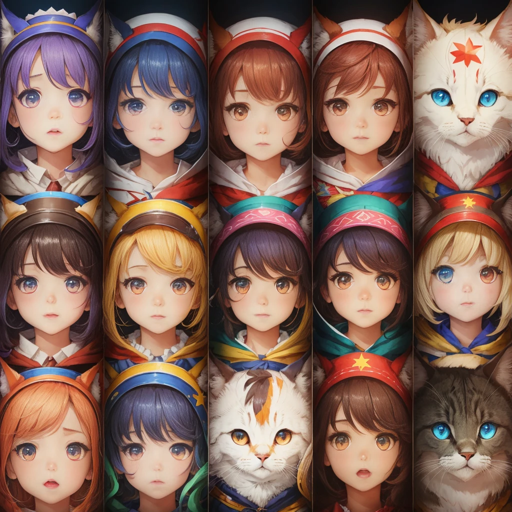 protagonist, full body shot, variety of emotions and facial expressions, cute, calico, movie, illustration, various patterns, high quality