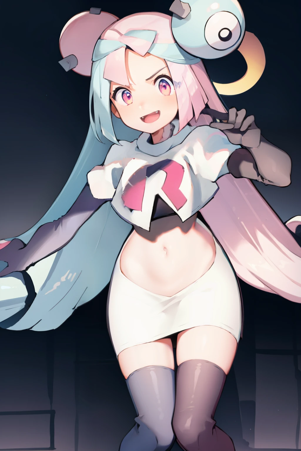 iono,1 girl,pink eyes,solo,smile,open mouth,fangs ,team rocket,team rocket uniform,white skirt,red letter R,crop top,black thigh-highs,black elbow gloves,