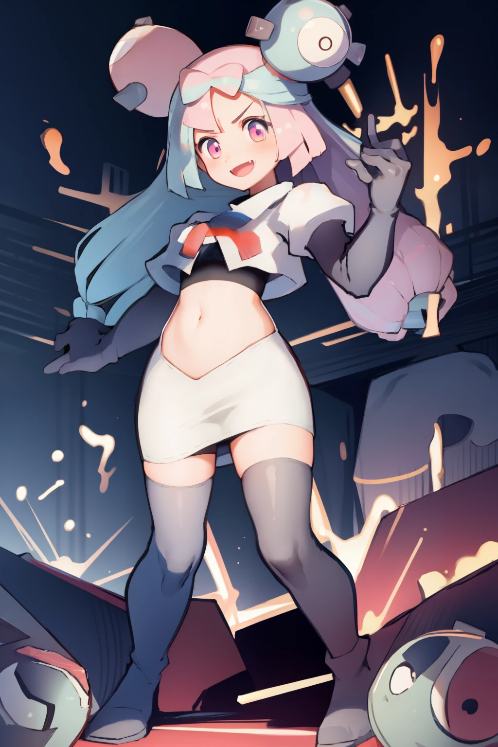 iono,1 girl,pink eyes,solo,smile,open mouth,fangs ,team rocket,team rocket uniform,white skirt,red letter R,crop top,black thigh-highs,black elbow gloves,