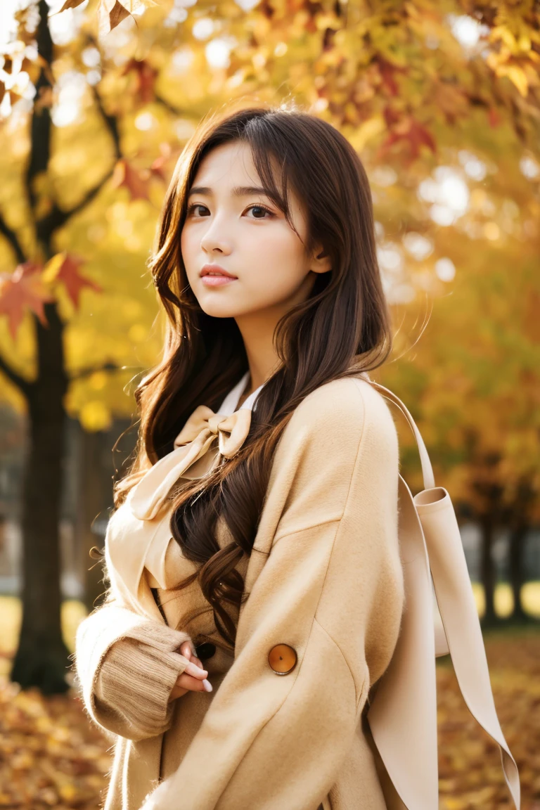 Beautiful girl wearing beige autumn clothes、14years、bow ribbon、japanes、(heavy wind)、wistfulness、Spinning、
