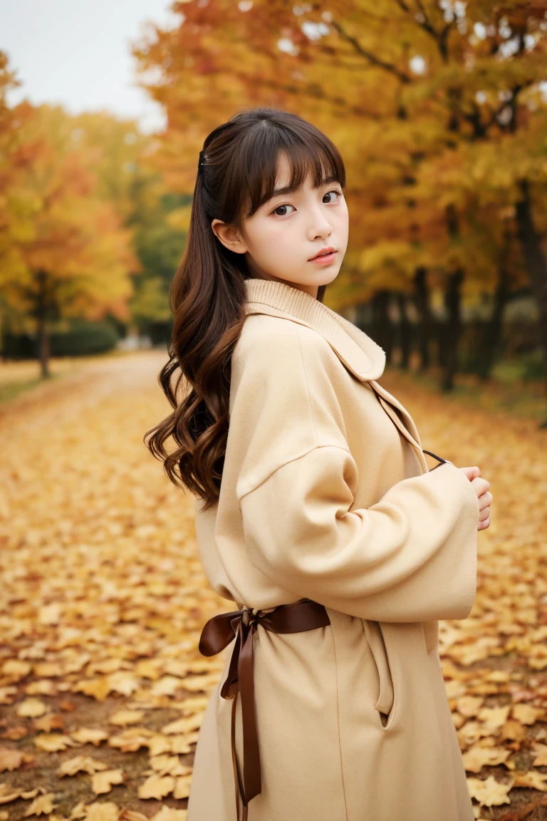 Beautiful girl wearing beige autumn clothes、years、bow ribbon、japanes、(heavy wind)、wistfulness、Spinning、