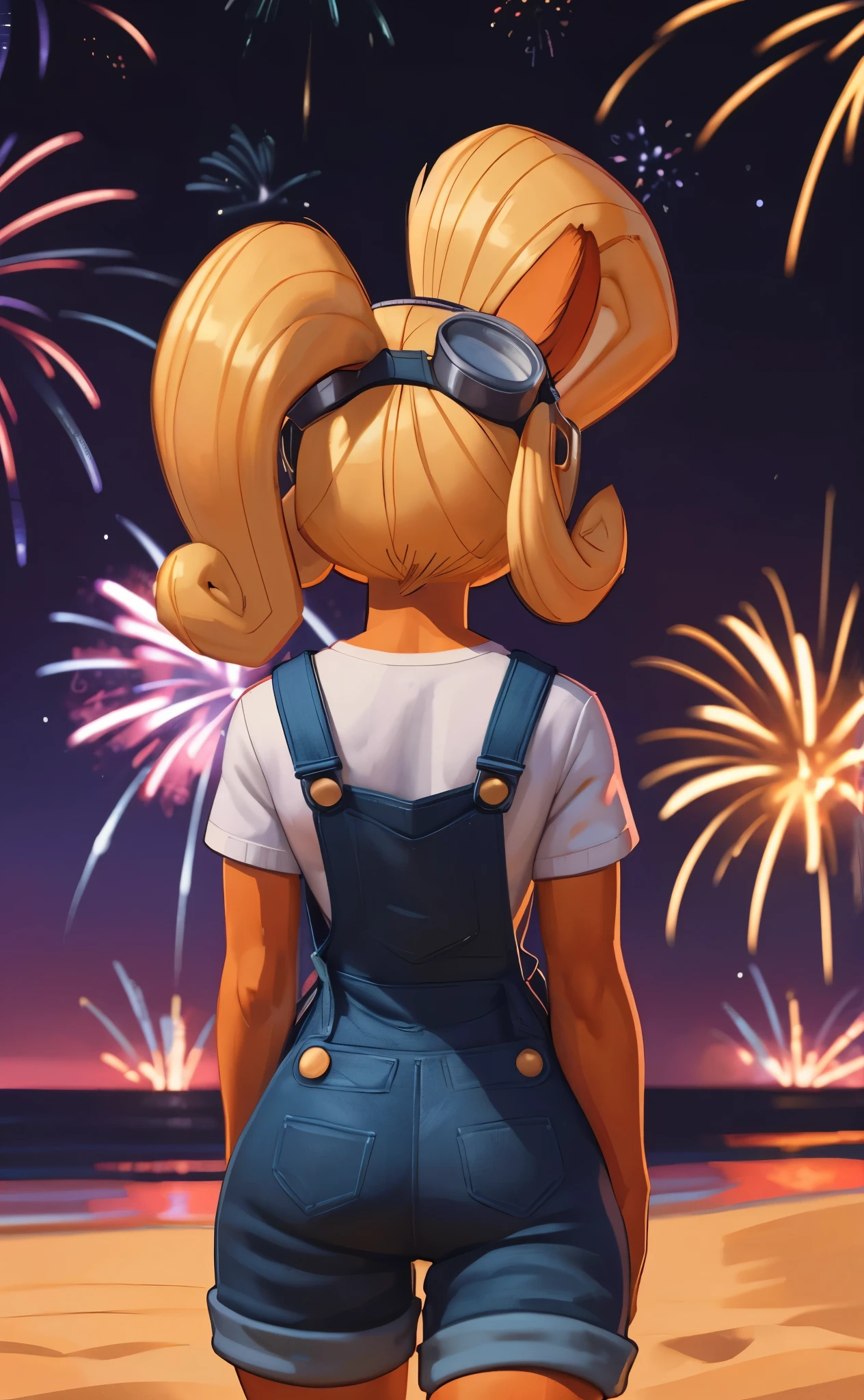 [Coco bandicoot], [Uploaded to e621.net; (Pixelsketcher), (wamudraws)], ((masterpiece)), ((HD)), ((solo portrait)), ((waist up)), ((back view)), ((feet visible)), ((furry; anthro)), ((detailed fur)), ((detailed shading)), ((beautiful render art)), ((intricate details)), {anthro; orange fur, black nose, (short eyelashes), (long blonde curly hair), (curvy hips), (beautiful legs)}, {(white tee shirt), (denim overalls), (pink sneakers), (goggles on head)}, {(standing), (watching fireworks), (looking ahead)}, [background; (tropical forest), (beach), (party), (neon lights), (fireworks in sky), (nighttime), (starry sky), (ambient lighting)]