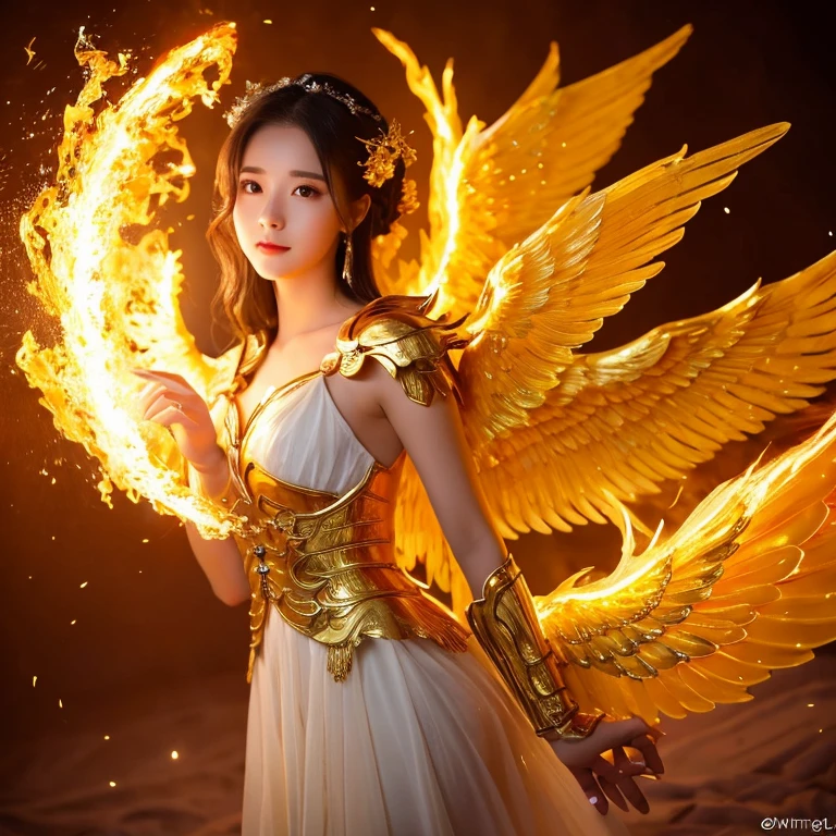 A woman in a white dress with golden wings flying in the sky, angelic golden armor, by Yang J, of Beautiful Angel, with fiery golden wings, with fiery golden wings of flame, ethereal angelic being of light, a beautiful female angel, glowing angelic being, Beautiful Angel, goddess of light, golden wings, cgsociety and fenghua zhong, by Jeremy Chong,Spiritual