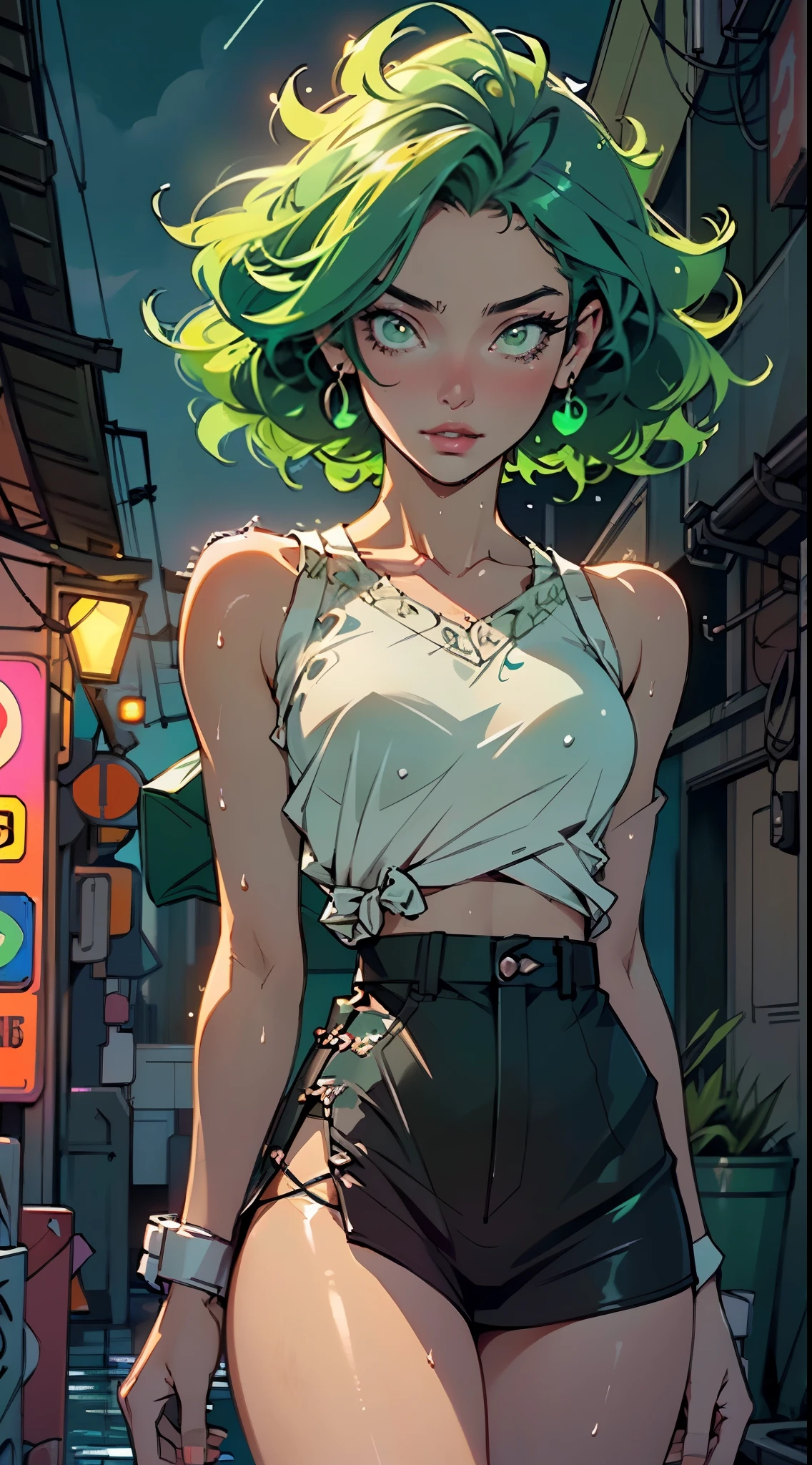 girl youtuber,(((1girl))),((extremely cute and beautiful green curly-haired girl)),

(short breasts:1.4),big butt,(((green curly hair:1.35,very curly hair,colored inner hair,ear breathing,short hair))),(((green_eyes:1.3))),intricate eyes,beautiful detailed eyes,symmetrical eyes,big eyes:1.3,((fat)),(((lustrous skin:1.5,bright skin: 1.5,skin tanned,shiny skin,very shiny skin,shiny body,plastic glitter skin,exaggerated shiny skin,illuminated skin,wet legs))),detailed body,(detailed face), EnvyBetterHands LoCon,

cute,slutty,seductive,erotic,(((nsfw))),

zettai ryouiki,revealing clothing,show skin,((rave mini-skirt,visible thong straps,white loose tank top with an anime art print)),((wet clothes,intricate outfit,intricate clothes)),

(dynamic pose:1.0),embarrassed,(centered,scale to fit dimensions,Rule of thirds),

cyberpunk city by the ocean at night, with bright neon signs and dark stormy clouds and puddles, scenery:1.25,

artistic photography,(photography taken by sldr),highres, sharp focus, (ultra detailed, extremely detailed), (photorealistic artwork:1.37),(extremely detailed CG unity 8k wallpaper),((synthwave background theme)),(((vibrant colors))),(intricate background),(masterpiece),(best quality),