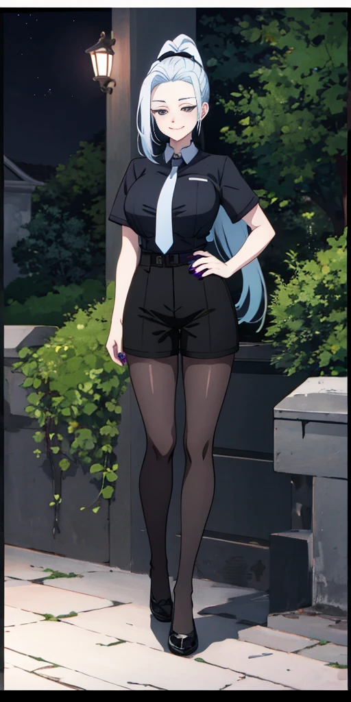 meimei, 1girl, solo, long hair, smile, Black Shorts, Black shirt, Short sleeves, ponytail, whiight blue hair, grey necktie, nail polish, hand on hip, black shirt, lipstick, letterboxed, purple nails, anime coloring, full body, long hair, looking at viewer, age 40, busty, large breasts, milf, black dress, Aesthetic, Trees, Outdoor, black skirt, Blood Wall, Blush, Dark Background, night, black eyes,