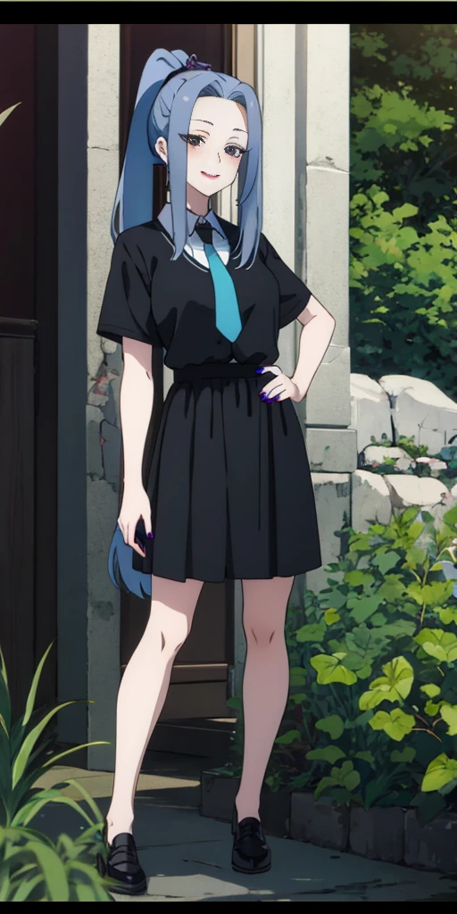 meimei, 1girl, solo, long hair, smile, Black Shorts, Black shirt, Short sleeves, ponytail, whiight blue hair, grey necktie, nail polish, hand on hip, black shirt, lipstick, letterboxed, purple nails, anime coloring, full body, long hair, looking at viewer, age 40, busty, large breasts, milf, black dress, Aesthetic, Trees, Outdoor, black skirt, Blood Wall, Blush, Dark Background, night, black eyes,