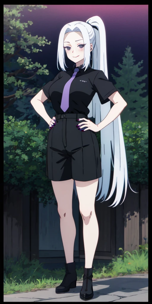 meimei, 1girl, solo, long hair, smile, Black Shorts, Black shirt, Short sleeves, ponytail, whiight blue hair, grey necktie, nail polish, hand on hip, black shirt, lipstick, letterboxed, purple nails, anime coloring, full body, long hair, looking at viewer, age 40, busty, large breasts, milf, black dress, Aesthetic, Trees, Outdoor, black skirt, Blood Wall, Blush, Dark Background, night, black eyes,