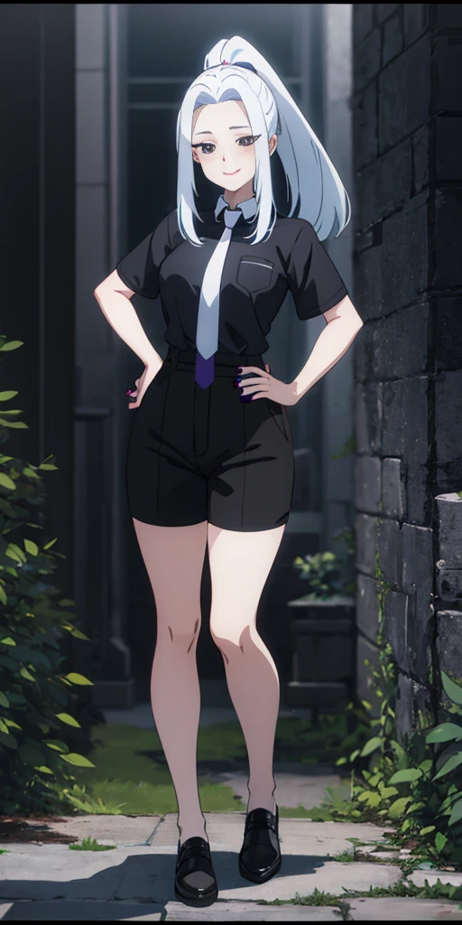 meimei, 1girl, solo, long hair, smile, Black Shorts, Black shirt, Short sleeves, ponytail, whiight blue hair, grey necktie, nail polish, hand on hip, black shirt, lipstick, letterboxed, purple nails, anime coloring, full body, long hair, looking at viewer, age 40, busty, large breasts, milf, black dress, Aesthetic, Trees, Outdoor, black skirt, Blood Wall, Blush, Dark Background, night, black eyes,