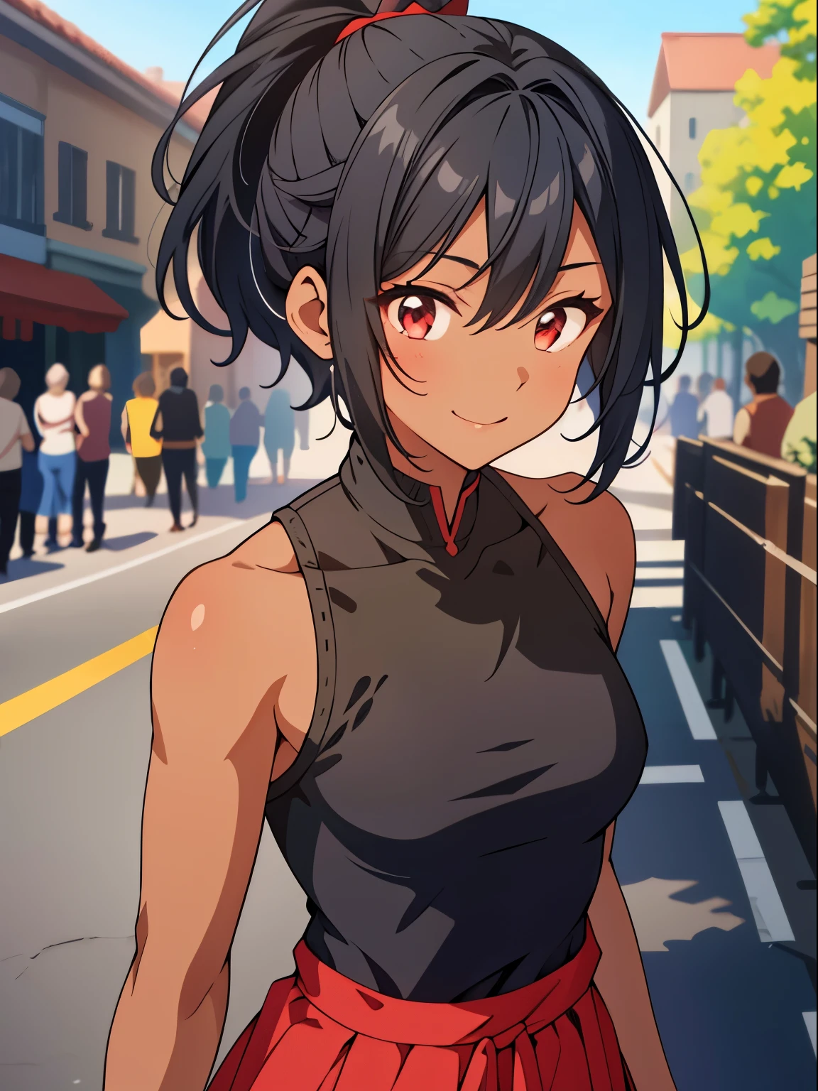 dreamy, (masterpiece), best quality, ( appearance), 1girl, Black short hair, amazing, beautiful detailed eyes, red eyes, fine details, depth of field, extremely detailed CG, ((Black skin)), Black shirt with red details, black pants, small breasts, muscular girl, korra, dark skin, dark-skinned female, ponytail, hair tubes, short hair, bare shoulders, perfect anatomy, perfect hands, 1girl, solo,(high detailed skin:1.2), beautiful (skinny:0.8), (black skin:0.2), street background , smiling, Stop