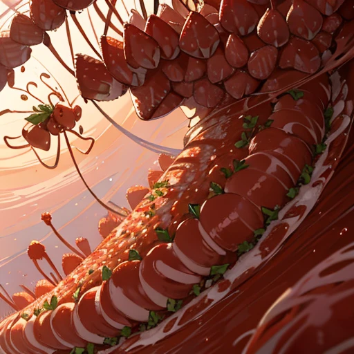 A pastry chef covered in strawberry insect parfait who serves strawberry insects、Amazing dynamism、Amazing Angle、Unstable buoyancy sandstorm、(Many friendly strawberry insects float closely together and chase each other.)、surround each other'strawberry caterpillar、