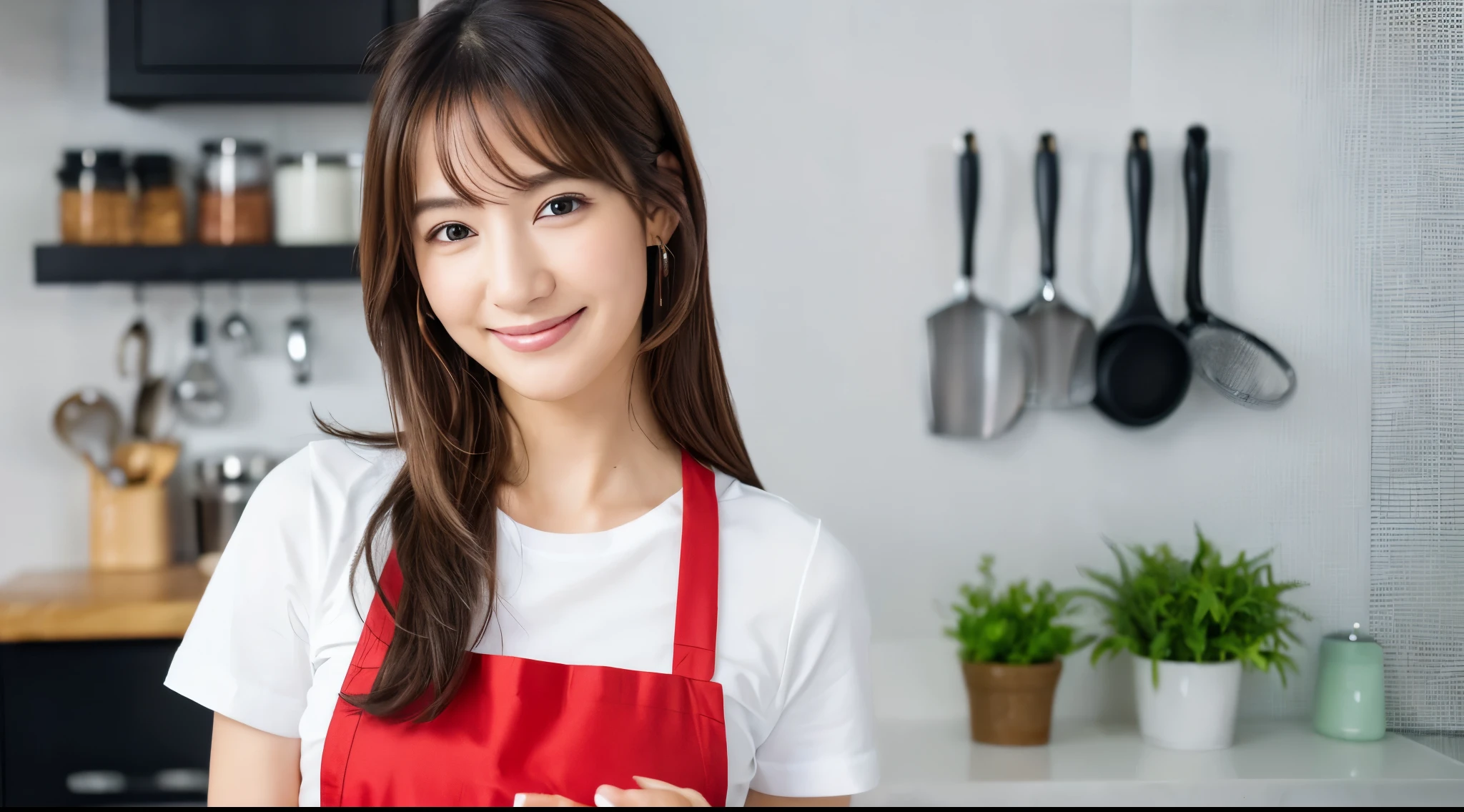 (((best quality))),(((ultra detailed))),(((masterpiece))),illustration,((1 beautiful young girl,solo)),((slim,thin)),((small breasts,flat chest)),(short ponytail:1.2),(laughing:1.2),stunning, radiant complexion, mesmerizing eyes,((sheer apron,bare arms,bare shoulder)),frilly, domesticity, playfulness, colorful patches, vegetables, cooking utensils, whimsical,delicate features, gentle smile, perfectly aligned teeth, contentment, warmth, friendliness, vibrant atmosphere, bustling,barbecue restaurant, wooden panels, hanging plants, cozy, earthy feel, scent of sizzling meats, spices, patrons, tables, meals, laughter, lively ambiance, gleaming wooden counter, checkout counter, assortment of bills, receipts, cash register, calm, collected, typing, precision, simplicity, joy, hard work, hospitality, culinary delights,((from front,upper body))