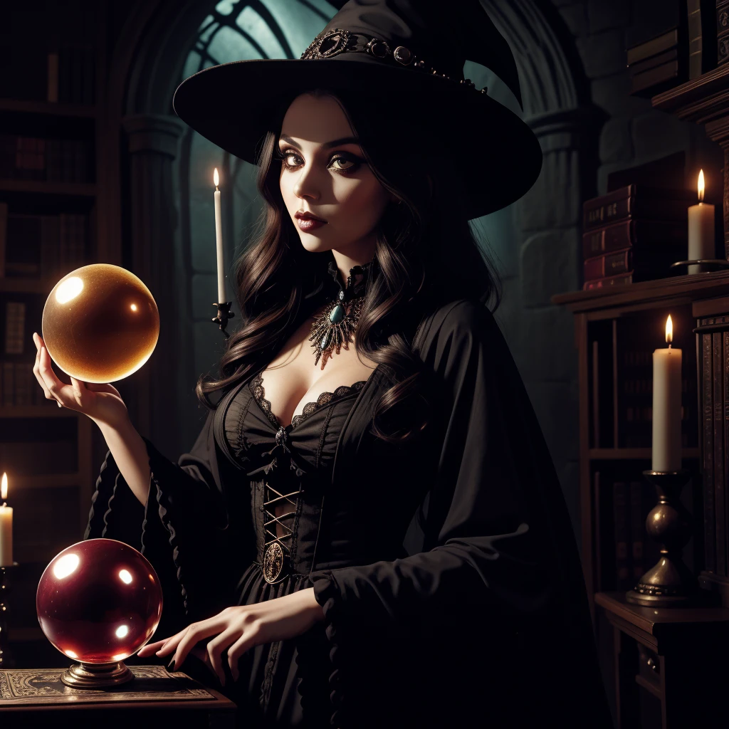 beautiful woman, big eyes and lips, gothic witchy magician woman, looking at a crystal ball, gothic, lovecraftian atmosphere, telling fortunes, ancient books and tomes