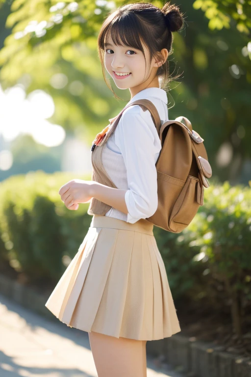 (((masterpiece))), (((Full body photo,Standing))),(One beautiful Japan girl, classmates, Innocence,kawaii) ,超A high resolution, Realistic, ultra-detailliert, 8K,top-quality, Extremely detailed, blurry backround,A slender,very beautiful japanese girl, Detailed face:1.3), (wears hair in two buns,A dark-haired :1.4), (a ,kawaii系,adorable 14 year oPerfect body:1.1), (Brown vest, Light brown pleated mini skirt), A smile that makes you want to hug,Show your beautiful teeth,Super Detailed Face、Detailed lips、A detailed eye、small gravure idol,Transparent skin、Lori,Carrying a backpack,((The wind blows and the skirt flips up, White panties are visible)),date,Neutral Lighting,Looking up from the ground,sexy pose, Warm tones