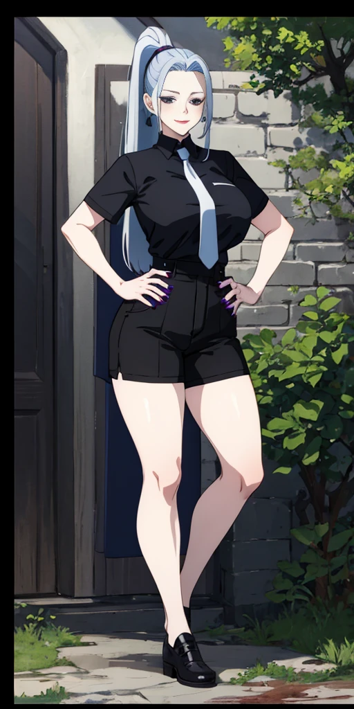 meimei, 1girl, solo, long hair, smile, Black Shorts, Black shirt, Short sleeves, ponytail, whiight blue hair, grey necktie, nail polish, hand on hip, black shirt, lipstick, letterboxed, purple nails, anime coloring, full body, long hair, looking at viewer, age 40, busty, large breasts, milf, black dress, Aesthetic, Trees, Outdoor, black skirt, Blood Wall, Blush, Dark Background, night, black eyes, Barbarian girl with huge body and intricate tattoes with intricate background, Pintura realista, por Charles Gregory e Antonio Jacobsen e Edward Moran, (tiro longo),