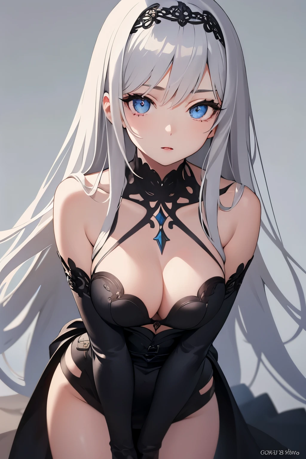 1girl, anime, cute girl, blank background, white background, fantasy, detailed dark fantasy dress with highlights, beautiful face, beautiful eyes, dark colors, silver hair, slightly small breasts, slight cleavage, beautiful skin, cute, breast curtains, extremely delicate and beautiful, (beautiful detailed face:1.0), (detailed deep eyes), symmetrical breasts, deep eyes, shiny skin, portrait, slender waist, hips wider than shoulders, thighs, young girl, expressionless