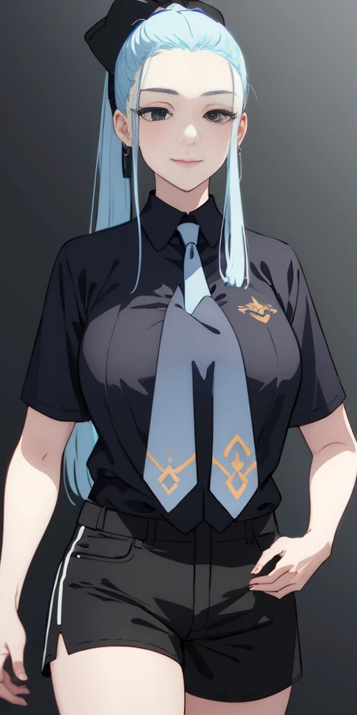 meimei, 1girl, solo, long hair, smile, Black Shorts, Black shirt, Short sleeves, ponytail, whiight blue hair, grey necktie, Dark Background, night, black eyes, Barbarian girl with huge body and intricate tattoes with intricate background, Pintura realista, por Charles Gregory e Antonio Jacobsen e Edward Moran, (tiro longo),