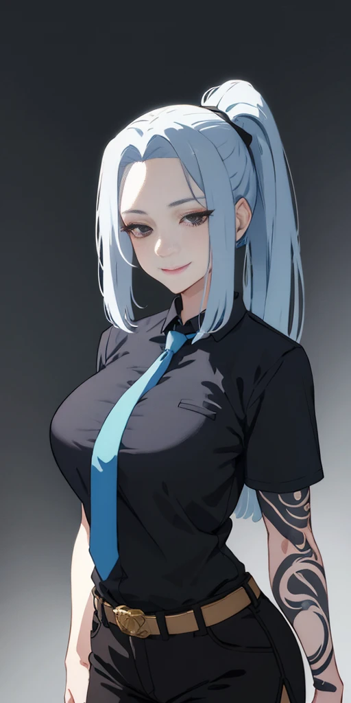 meimei, 1girl, solo, long hair, smile, Black Shorts, Black shirt, Short sleeves, ponytail, whiight blue hair, grey necktie, Dark Background, night, black eyes, Barbarian girl with huge body and intricate tattoes with intricate background, Pintura realista, por Charles Gregory e Antonio Jacobsen e Edward Moran, (tiro longo),