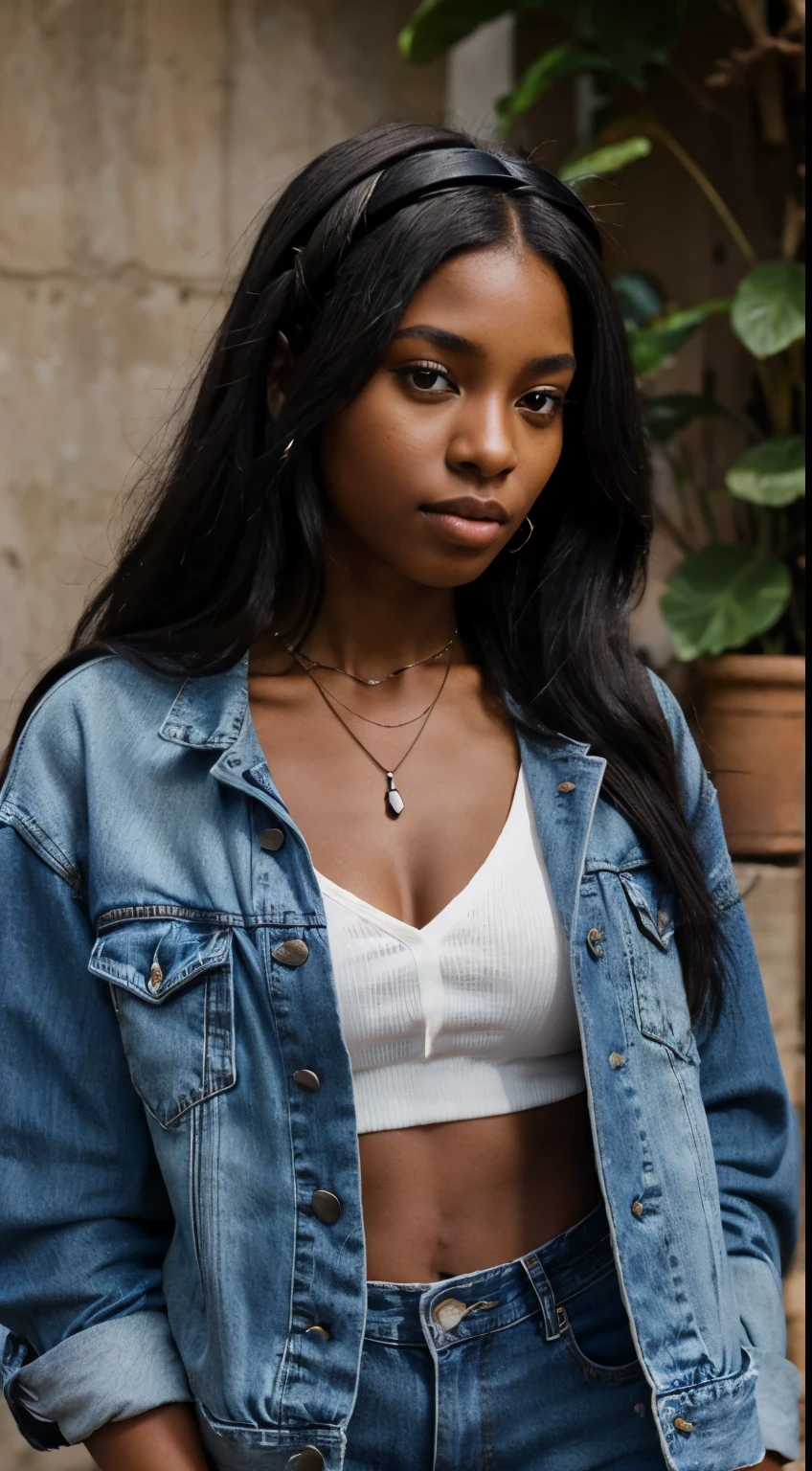 A close up of a woman wearing a denim jacket and jeans SeaArt AI