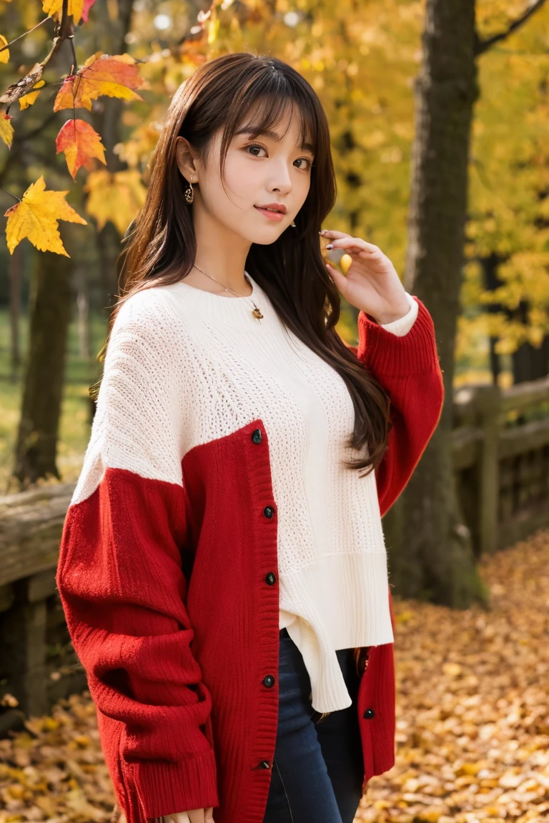 Beautiful girl wearing red autumn clothes、14years、bow ribbon、japanes、(heavy wind)、Spinning、a miniskirt、wistfulness、