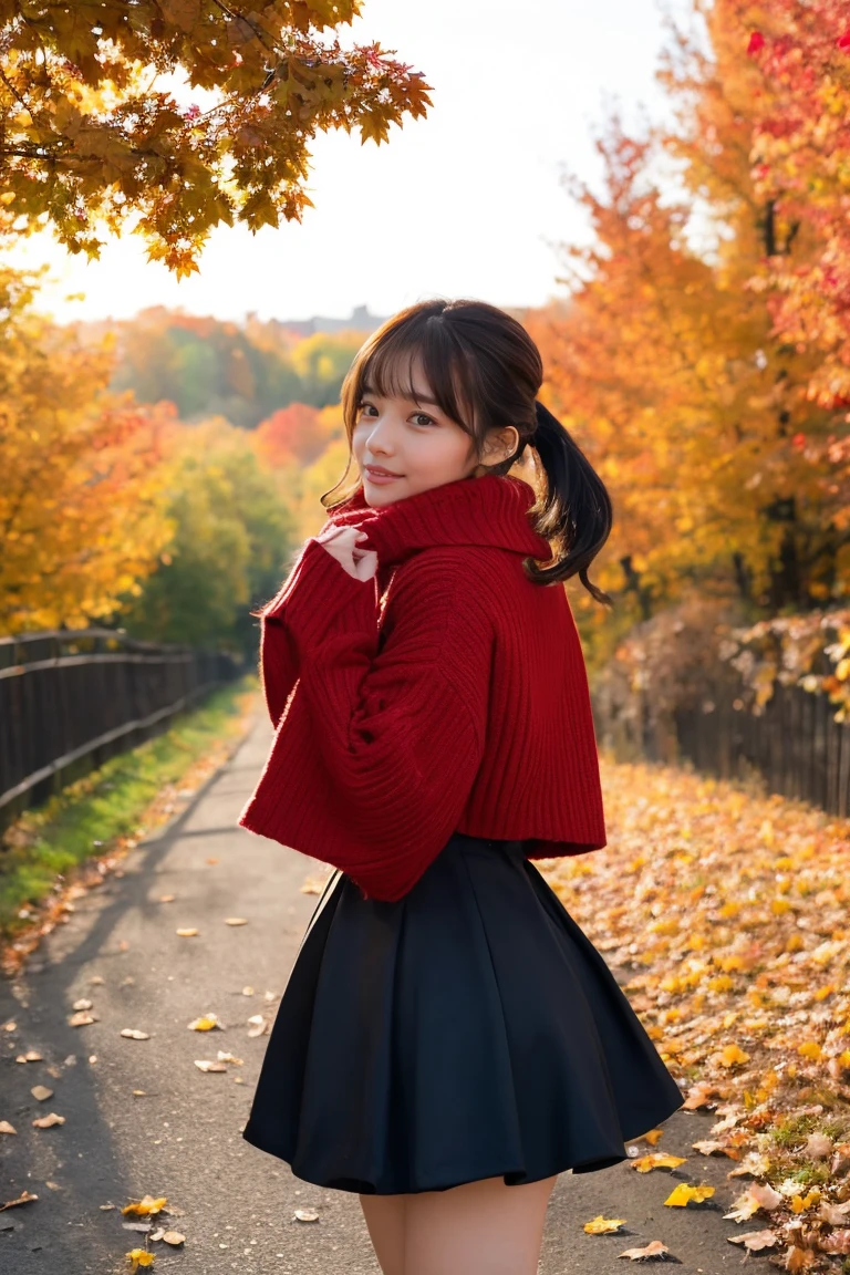 Beautiful girl wearing red autumn clothes、14years、bow ribbon、japanes、(heavy wind)、Spinning、a miniskirt、wistfulness、