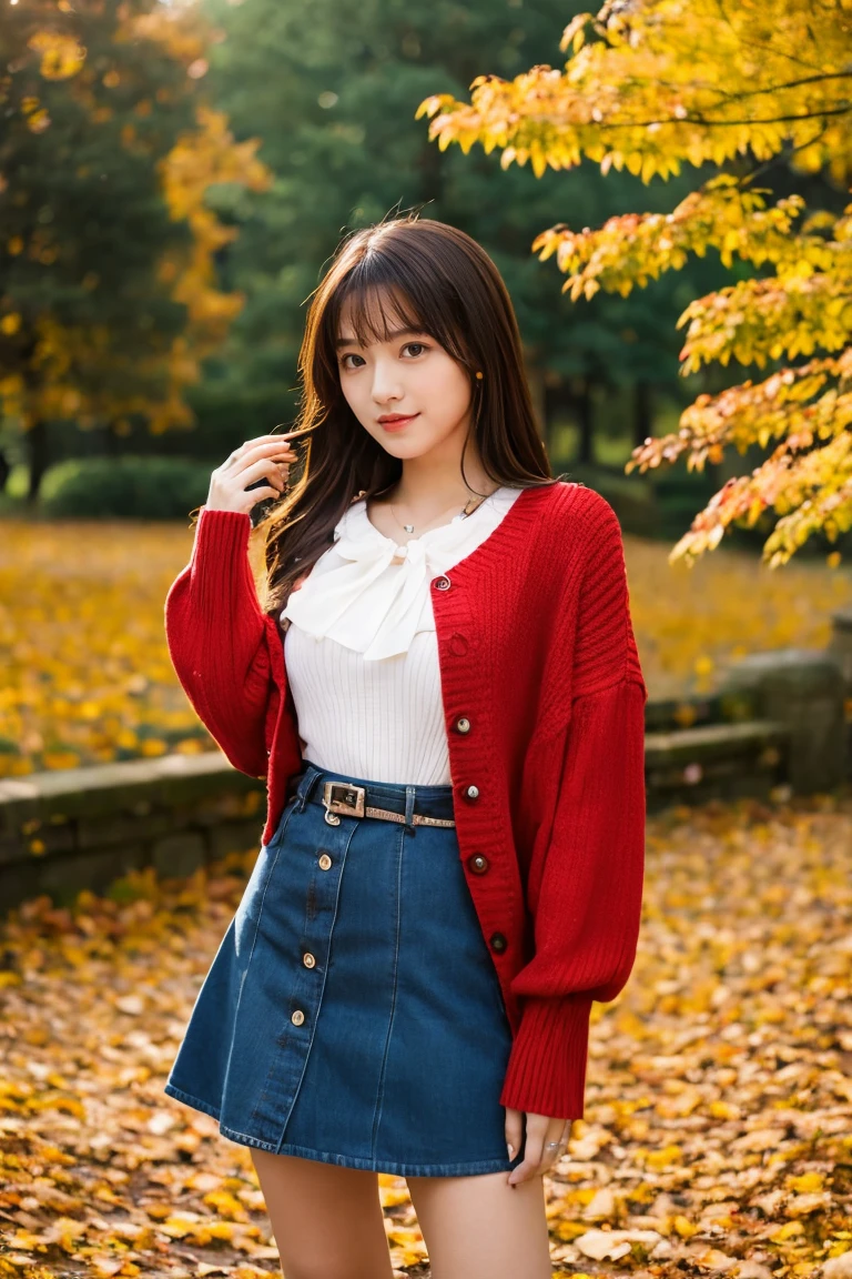 Beautiful girl wearing red autumn clothes、14years、bow ribbon、japanes、(heavy wind)、Spinning、a miniskirt、wistfulness、