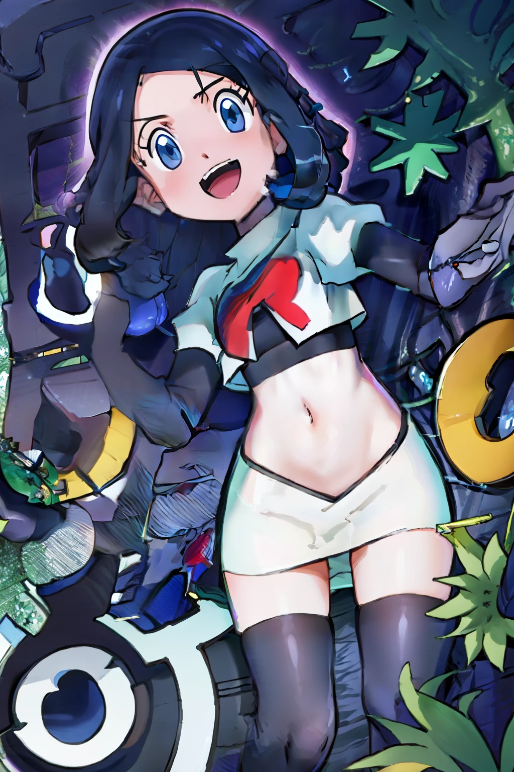 riko_pokemon,masterpiece,best quality, girl,1girl,soro,face focus,team rocket,team rocket uniform,white skirt,red letter R,crop top,black thigh-highs,black elbow gloves,