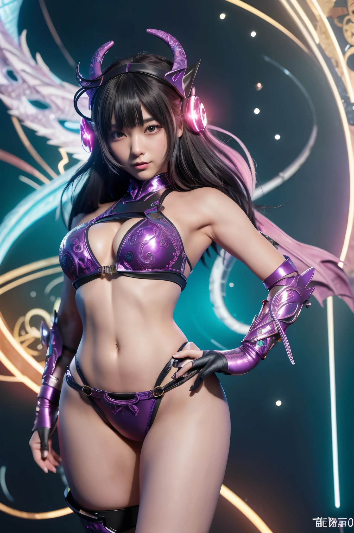 Masterpiece, Best Quality, Girls, Slender, Long Hair Spreading, White Skin, Medium, Pretty, Sexy, Halo, Near Future, Bikini, High Leg, Skin Exposed, Psychedelic, Trip, Extreme Color, Paisley, Extreme Color, Cyberspace, Cyberpunk, Disco, Mirror Ball, Heavenly World, Lotus Flower, Buddhism, Mandala Theme, Open Legs, Over Action, Eye Shadow, false lashes, blusher, cyborg, headgear, smile, full body