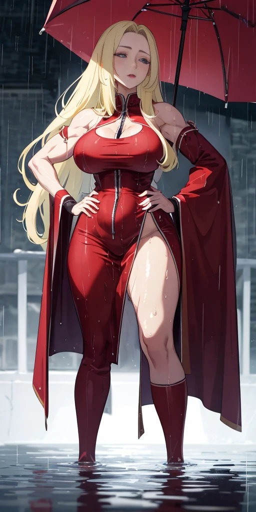 (Best quality, 4k, Masterpiece :1.3), full body standing symmetrical beautiful woman, hyper realistic, 1girl, (drooping breasts, attractive body :1.2), long blonde hair: 1.1, (wet rainy, wet by rain, wet body :1.2), ultra-detailed face, detailed lips, detailed eyes, double eyelid, low-necked dress, open neckline, hanging breasts, side pose, visible curves, standing on water, red transparent robe, red sunglasses, muscular arms hands on hips, peace sign, water background