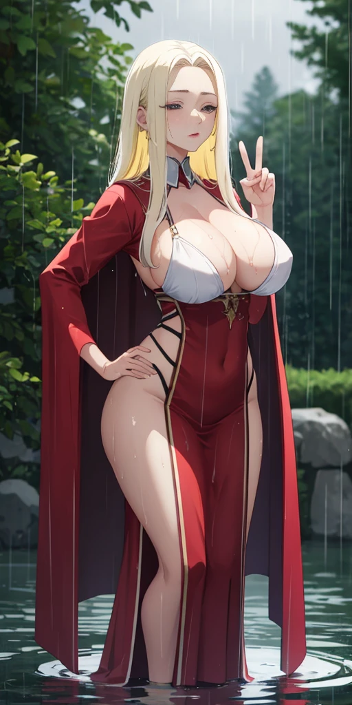 (Best quality, 4k, Masterpiece :1.3), full body standing symmetrical beautiful woman, hyper realistic, 1girl, (drooping breasts, attractive body :1.2), long blonde hair: 1.1, (wet rainy, wet by rain, wet body :1.2), ultra-detailed face, detailed lips, detailed eyes, double eyelid, low-necked dress, open neckline, hanging breasts, side pose, visible curves, standing on water, red transparent robe, red sunglasses, muscular arms hands on hips, peace sign, water background
