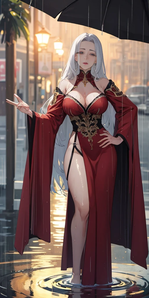 (Best quality, 4k, Masterpiece :1.3), full body standing symmetrical beautiful woman, hyper realistic, 1girl, (drooping breasts, attractive body :1.2), long blonde hair: 1.1, (wet rainy, wet by rain, wet body :1.2), ultra-detailed face, detailed lips, detailed eyes, double eyelid, low-necked dress, open neckline, hanging breasts, side pose, visible curves, standing on water, red transparent robe, red sunglasses, muscular arms hands on hips, peace sign, water background