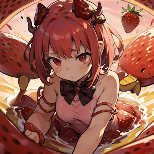A girl covered in strawberry insect parfait who serves strawberry insects、Amazing dynamism、Amazing Angle、Unstable buoyancy sandstorm、Many friendly strawberry insects float closely together and chase each other.、surround each other'strawberry caterpillar、