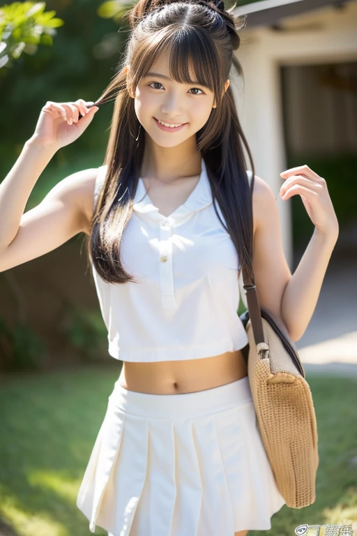 (((​masterpiece))),  (((Full body photo，Standing)))，(One beautiful Japan girl, classmates, Innocence，kawaii) ，超A high resolution, Realistic, ultra-detailliert, 8K,top-quality, Extremely detailed, blurry backround,A slender,very beautiful japanese girl, Detailed face:1.3), (wears hair in two buns，A dark-haired :1.4), (a ，kawaii系,adorable 14 year oPerfect body:1.1),  (Sleeveless white shirt，Light brown pleated mini skirt), A smile that makes you want to hug，Show your beautiful teeth,Super Detailed Face、Detailed lips、Detailed big eyes、small gravure idol，Transparent skin、Lori，Carrying a backpack，((The wind blows and the skirt flips up, White panties are visible))，date，Neutral Lighting，Looking up from the ground，sexy  pose, Warm tones