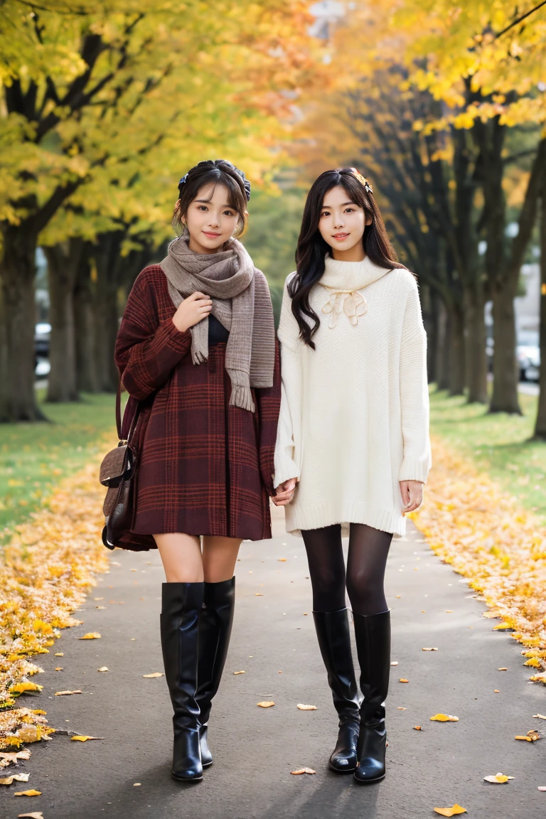 Two beautiful girls wearing autumn clothes、、bow ribbon、japanes、(heavy wind)、wistfulness、Spinning、knee high、