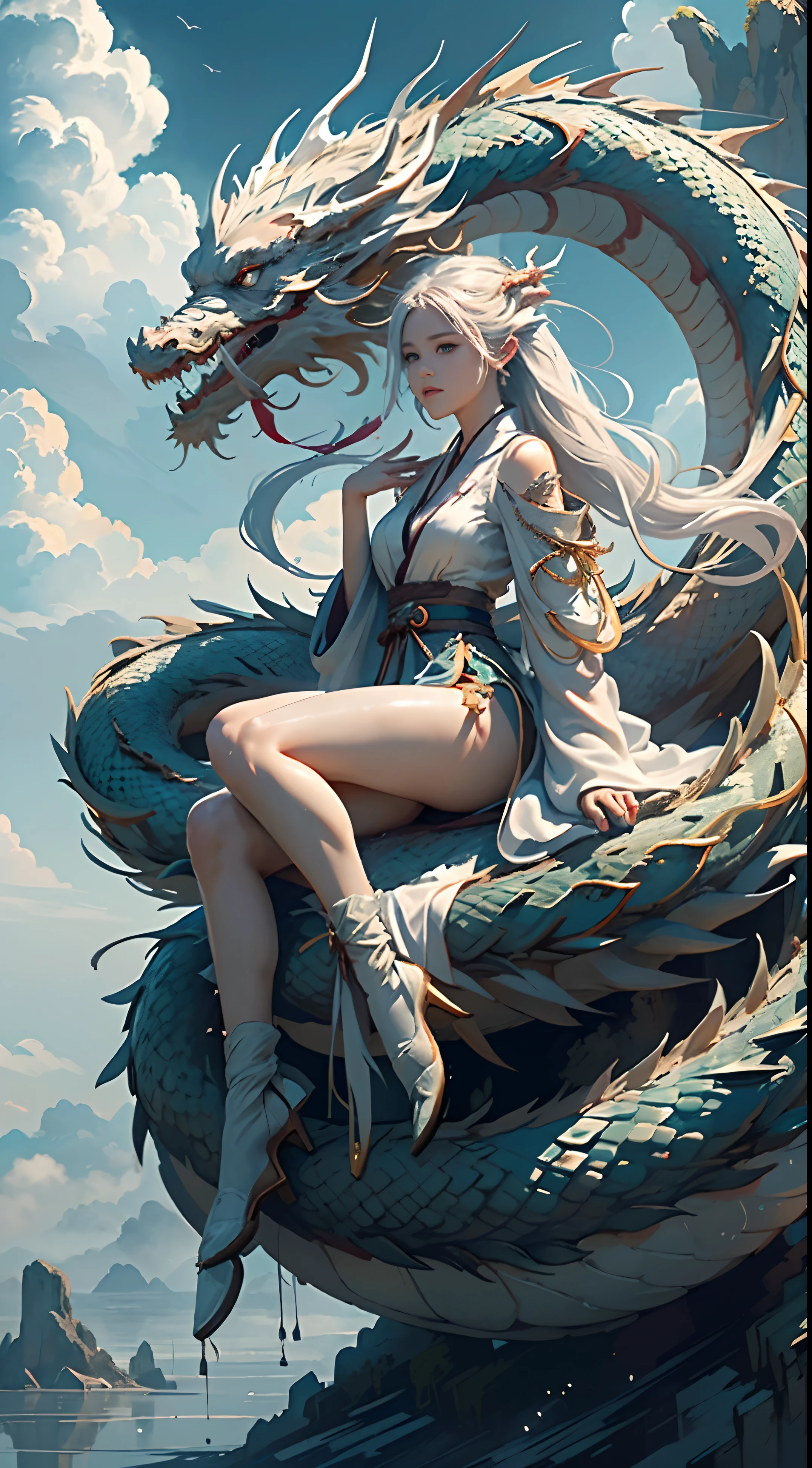 (tmasterpiece,hightquality,best qualtiy,offcial art,Beauty and aesthetics:1.2),epic cinematic,ultra - detailed,hyper realisitc, (1girl in:1.5),(full body Esbian:1.2),(Girl sits on a dragon:1.5),(1dragon:1.5),white hanfu,(White Dragon:1.5),dynamicposes,looking at viewert,(in a cloud:1.4),(Thick cloud cover:1.1),White clouds around,Auspicious clouds,Attractive coloring,theatrical lighting,Rim Lights,(Depth of field of view:1.2)