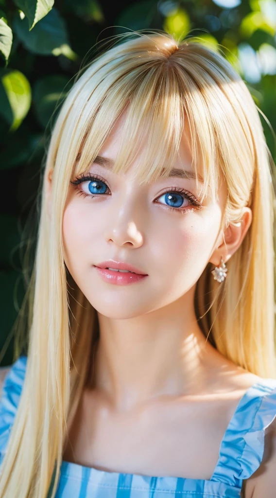 (a closeup:1.4)、(RAW shooting:1.2)、(Photorealsitic:1.4)、(​masterpiece:1.3)、(top-quality:1.4)、bright expression、very beautiful blonde girl、Extraordinary blonde beauty、Detailed cute and beautiful face、Beautiful bangs、Glowing white shiny skin、facial hairs、Bangs that extend to the face、Bangs between the eyes、Super long blonde hair、Attractive bright platinum blonde super long straight silky hair、finer hair、Attractive glowing beautiful bright clear light blue big eyes、White Apron、Yellow dress、eye liner、Double eyelids、Lush bust、The upper part of the body、cheek gloss highlight
