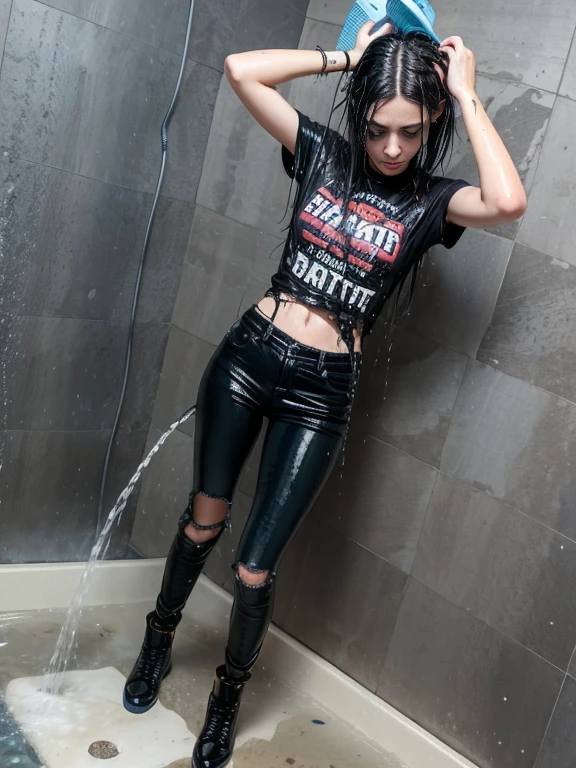 Goth girl taking a shower, black hair, Doc Marten boots, (torn skinny jeans), ripped t-shirt, soaking wet, wet hair, water pouring through clothes, SoakingWetClothes