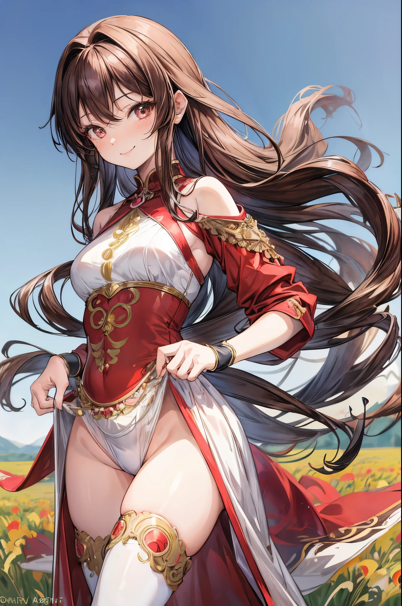 (flat color:1.1),(masterpiece:1.2), best quality, masterpiece, original,brown curled hair, (mature anime woman looking at the camera with a shy smile:1.2), wearing a sexy western bridal outfit, simple field bg