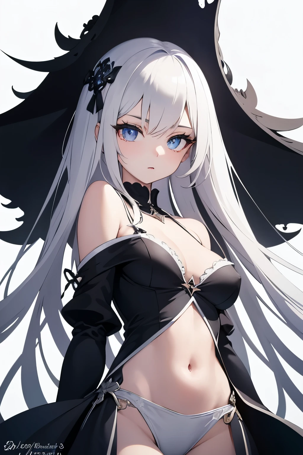 1girl, anime, cute girl, blank background, white background, fantasy, detailed dark fantasy dress with highlights, beautiful face, beautiful eyes, dark colors, silver hair, slightly small breasts, slight cleavage, beautiful skin, cute, breast curtains, extremely delicate and beautiful, (beautiful detailed face:1.0), (detailed deep eyes), symmetrical breasts, deep eyes, shiny skin, portrait, slender waist, hips wider than shoulders, thighs, young girl, expressionless