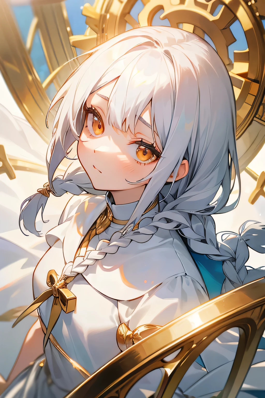 Best Quality, masutepiece,White hair, Gold eyes,White clothes, Looking Up, Upper body,Strands of hair,Fair skin,side braids, girl with,