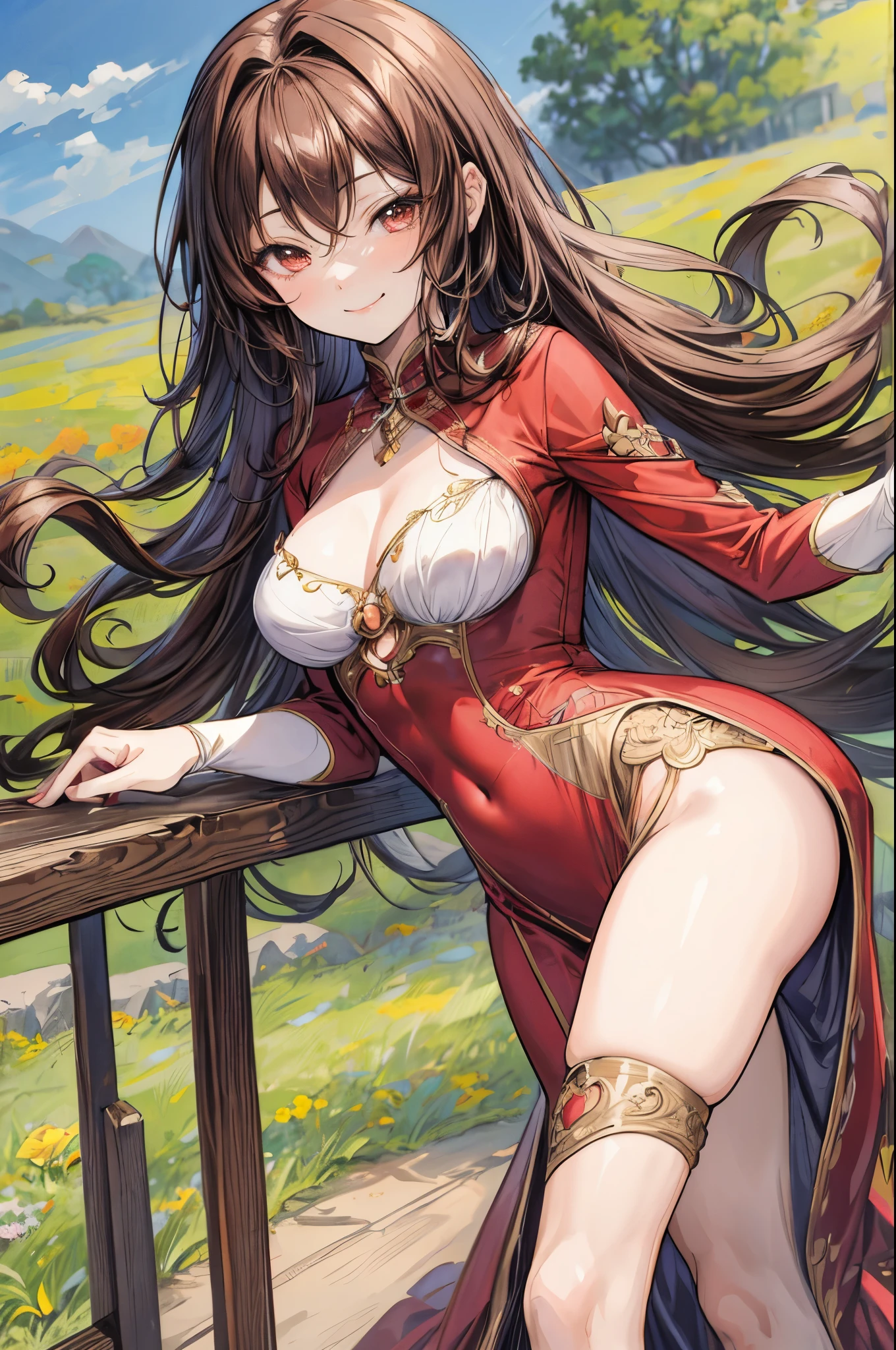 (flat color:1.1),(masterpiece:1.2), best quality, masterpiece, original,brown curled hair, (mature anime woman looking at the camera with a shy smile:1.2), wearing a sexy western bridal outfit,  field bg