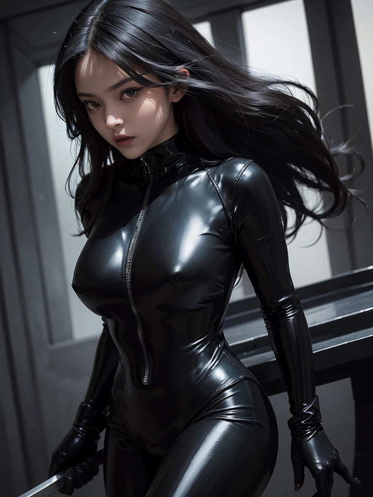 high res,masterpiece,best quality,extremely detailed , ultra-detailed, long silky smooth hair , woman in a black suit , black latex suit, wearing a black catsuit, skintight black bodysuit, black latex sculpt, tight full body suit, full bodysuit, holding a Japanese sword , a spy , secret agent , top body close up