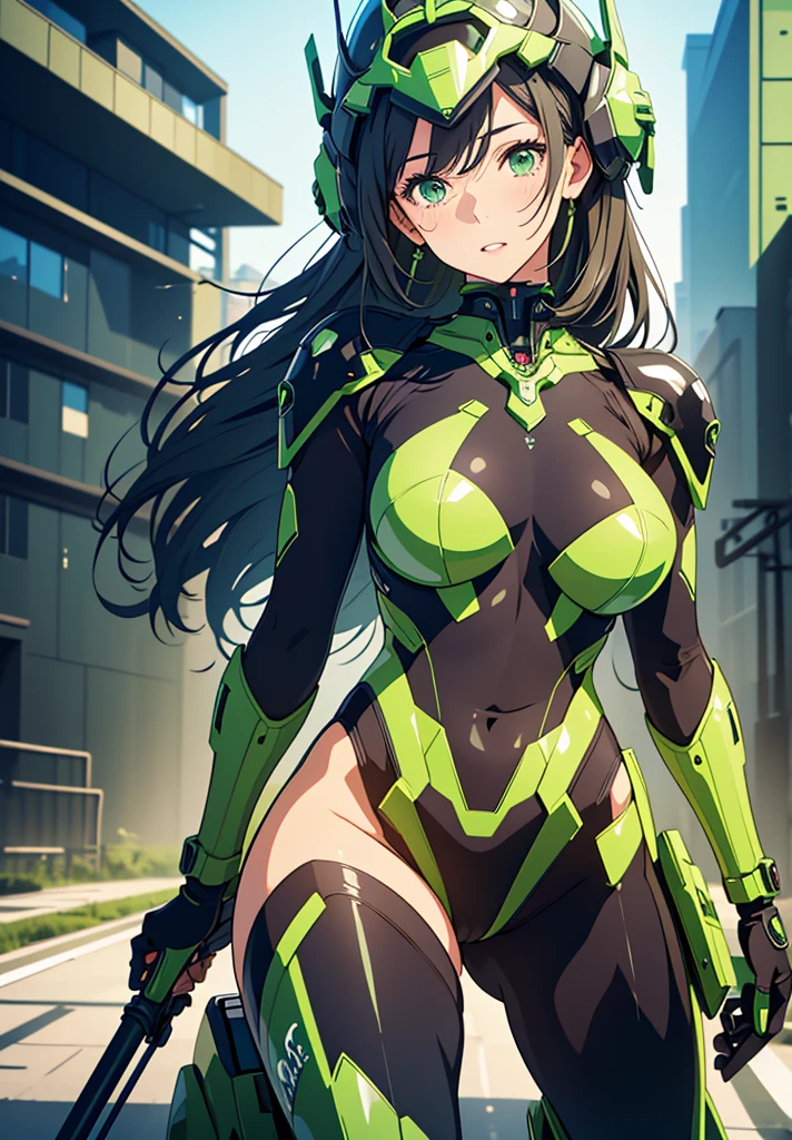 Highest image quality, outstanding details, ultra-high resolution, (realism: 1.4), the best illustration, favor details, highly condensed 1girl, with a delicate and beautiful face, dressed in a black and green mecha, wearing a mecha helmet, holding a directional controller, riding on a motorcycle, the background is a high-tech lighting scene of the future city.