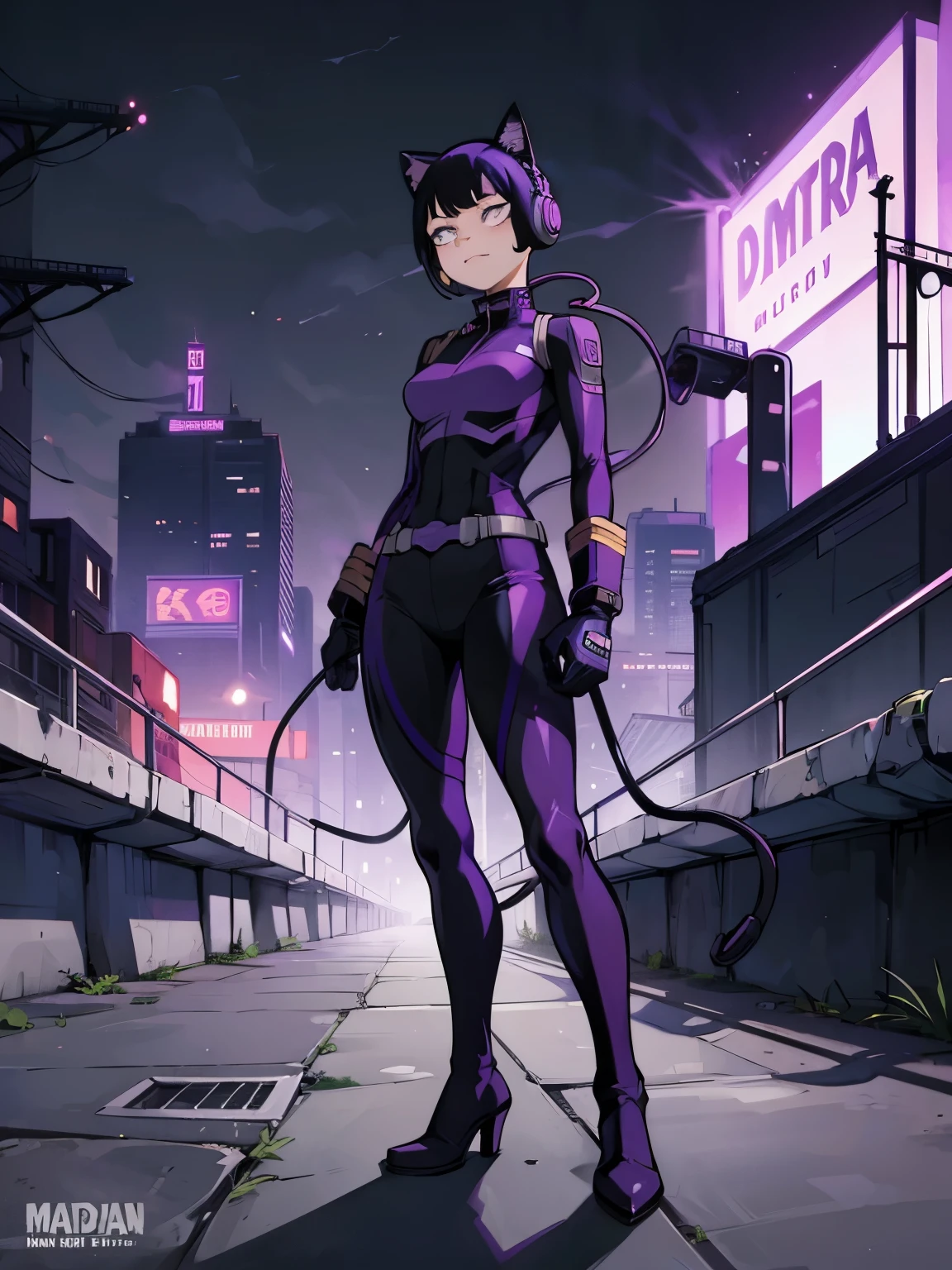 (((My Hero Academia Style))), (Full Body Photo:1.5), perfect anatomy, perfect hands, super detailed, standing, standing pose, cowboy shot, cowboy shot pose, 1girl, female, Jirou Kyoka, ((Catwoman DC comic Style)), small breasts, round hips, long hips, wide hips, wide thighs, thick thighs, abs, full body suit, dark purple suit, tight suit, dark purple full body suit, dark purple tight suit, tight dark purple full body suit, black biceps gloves, biceps gloves, black gloves, tight gloves, tight black biceps gloves, skinny black thigh boots, thigh boots, black boots, skinny boots, black thigh boots, black domino mask with white eyes, domino mask, black mask, white eyes mask, black domino mask, black mask with white eyes, Covered eyes, bright neon purple eyes, Dark purple over-ear headphones with cat ears, over-ear headphones with cat ears, dark purple over-ear headphones, dark purple over-ear headphones, over-ear headphones, Dark purple cat headphones, over-ear headphones, Seductive smile, seductive look, dark alley in the background, alley in the background, dark alley with purple neon light in the background, purple neon lights in the background,