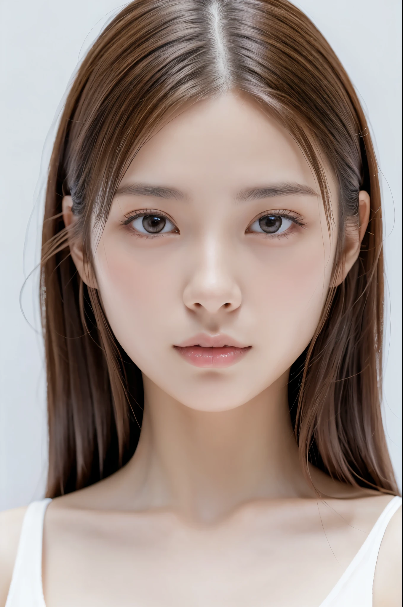 Young japanese lady, 30s, White background, It features a simple背景, white-brown hair, slender, 4K, in 8K, High quality, Beauty, Beautiful eyes, It features a simple, High resolution,1 person,Beautiful skins,Beautiful skin