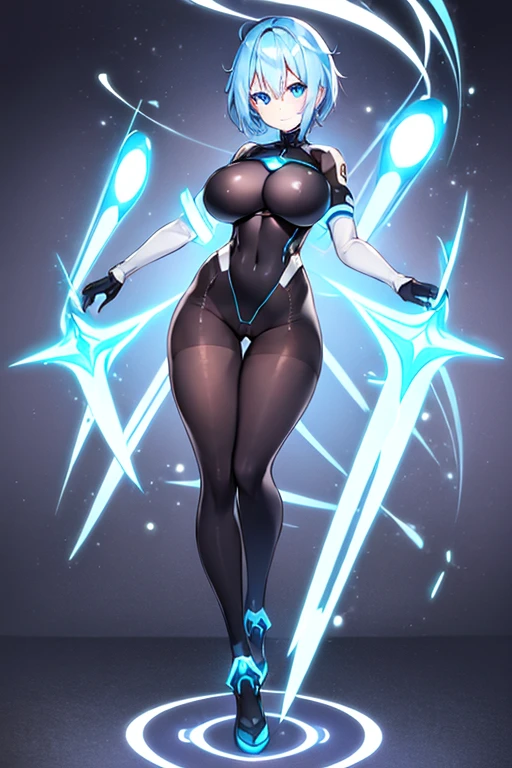 1girl, white skin, light skin, smile, light smile, blue hair, short hair, blue eyes, large breasts, breasts, wide hips, black bodysuit, black clothes, black pantyhose, bodysuit, sleeves, short sleeves, pantyhose, futuristic, science-fiction, neon trim, neon, full_body, ((full body)), standing, laboratory